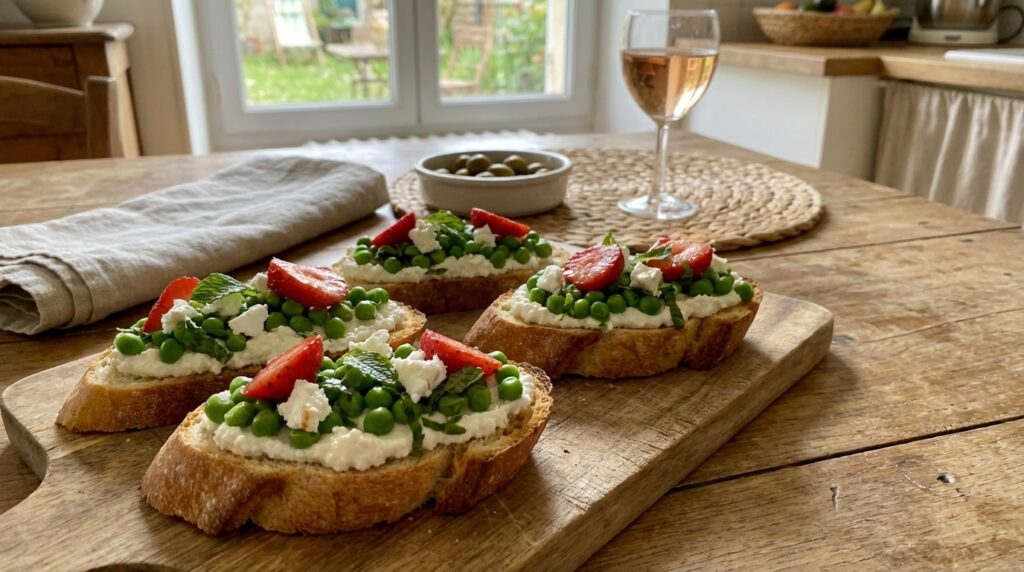 Questa semplice bruschetta dalla consistenza ultra cremosa è diventata il mio riflesso da aperitivo primaverile (pronta in 15 minuti!)